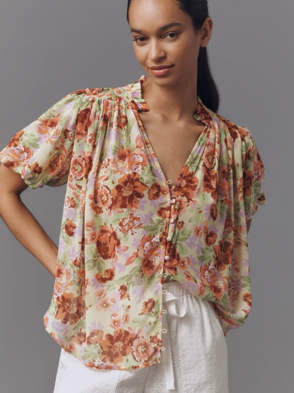 Anthropologie The Estela Short-Sleeve Viscose Sheer Floral Blouse Sz Large - Picture 1 of 9